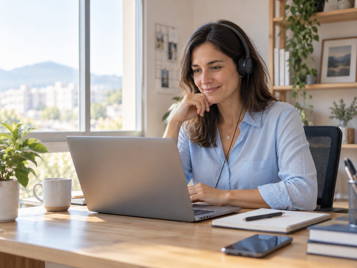 Asesora de planes de salud atendiendo una consulta online